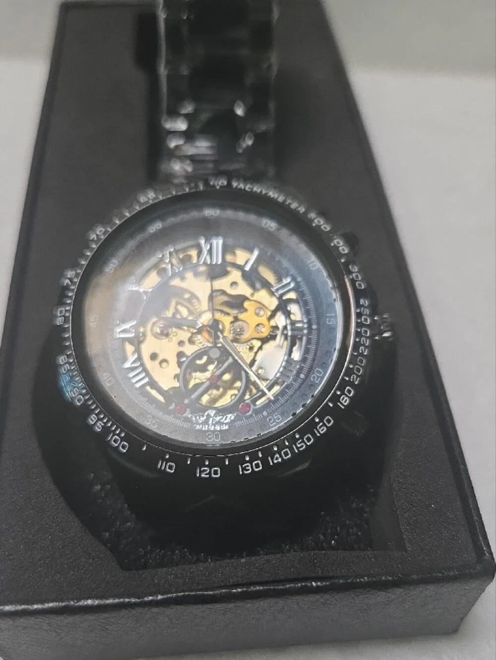 WINNER Black Skeleton Mechanical Watch with Tachymeter Bezel